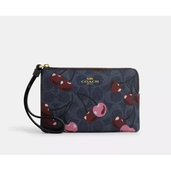 Coach Corner Zip Wristlet In Signature Canvas With Cherry Print NWT - Picture 7 of 8
